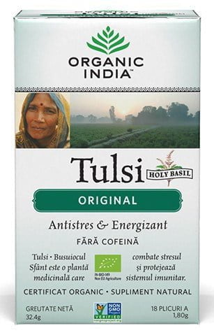 Ceai Tulsi (Busuioc Sfant) Original | Antistres Natural & Energizant, Organic India 18dz